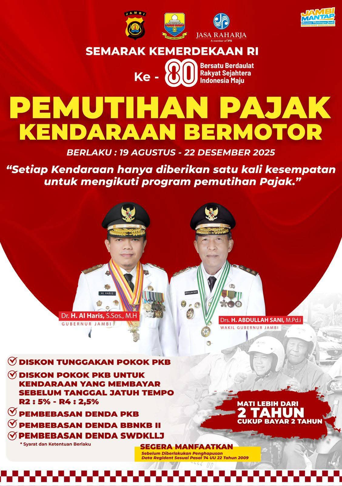 Pemutihan Pajak Kendaraan di Jambi Berlaku hingga 22 Desember 2025