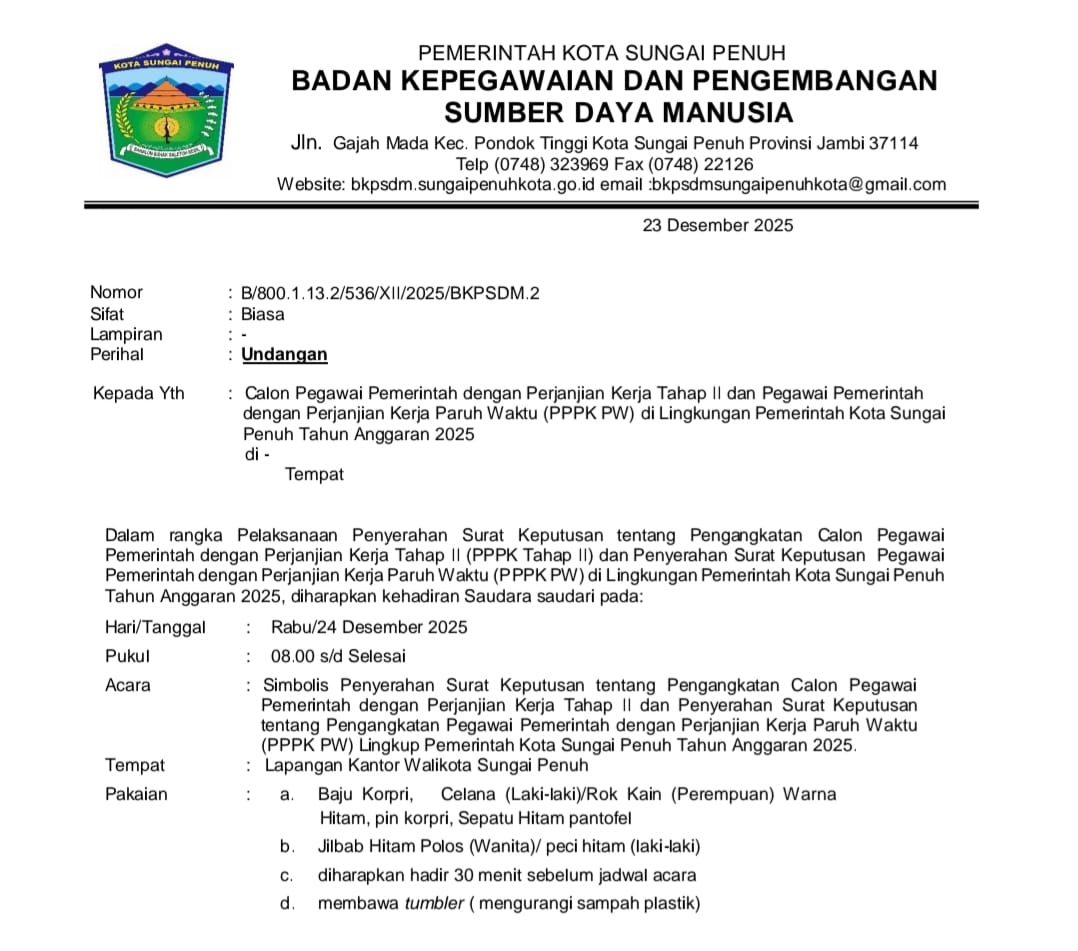Ini Aturan Penyerahan SK PPPK Tahap II dan PPPK PW Sungai Penuh Besok