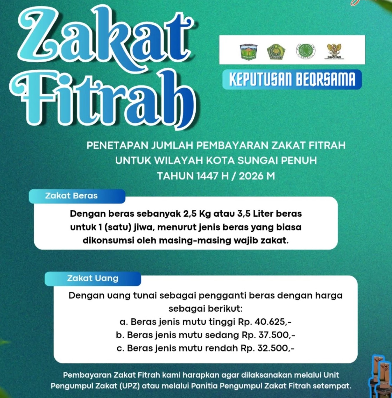 Besaran Zakat Fitrah 1447 H 2026 di Sungai Penuh